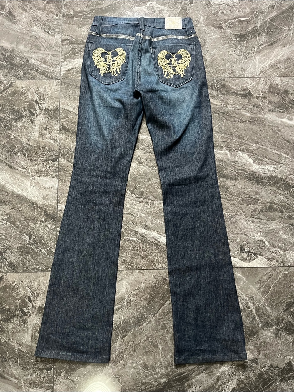 Kancan Flare Jeans Size 5 Embroidered Wing Pockets Rhinestone Dark Wash Bootcut
